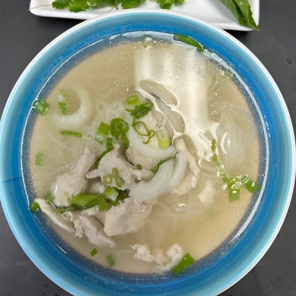 A blue bowl of Zake's Asian-fusion chicken pho with noodles, onions, and green onions.