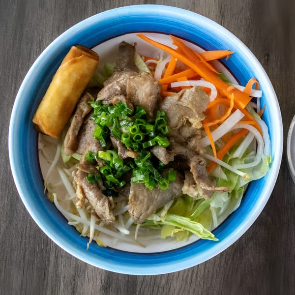 Zake's Asian-fusion dish with meat, vegetables, and a spring roll in a blue-rimmed bowl.