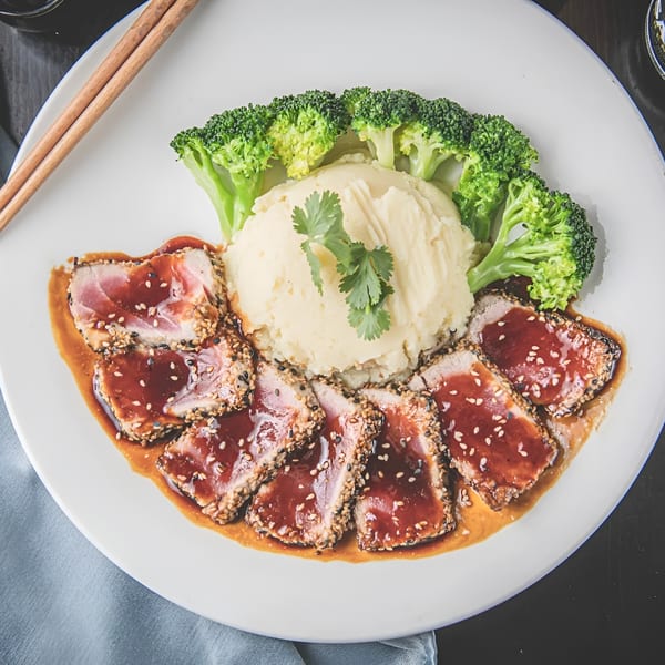 Seared tuna with sesame seeds, teriyaki sauce, mashed potatoes, and broccoli on a white plate.
